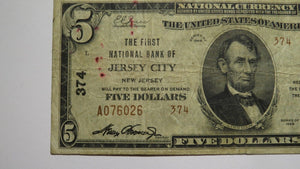 $5 1929 Jersey City New Jersey NJ National Currency Bank Note Bill Charter #374