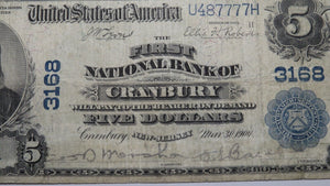 $5 1902 Cranbury New Jersey NJ National Currency Bank Note Bill! Ch. #3168 RARE!