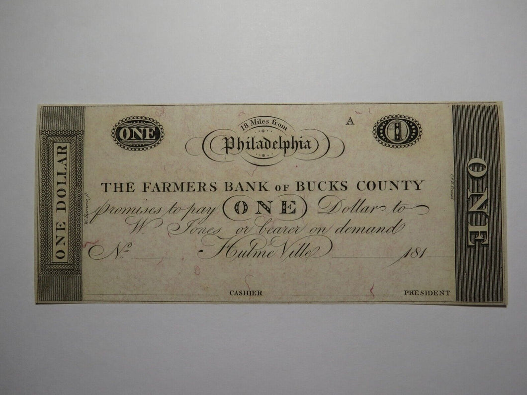 $1 181_ Hulme Ville Pennsylvania Obsolete Currency Bank Note Bucks County UNC++