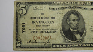 $5 1929 Irvington New Jersey NJ National Currency Bank Note Bill Ch. #7981 FINE