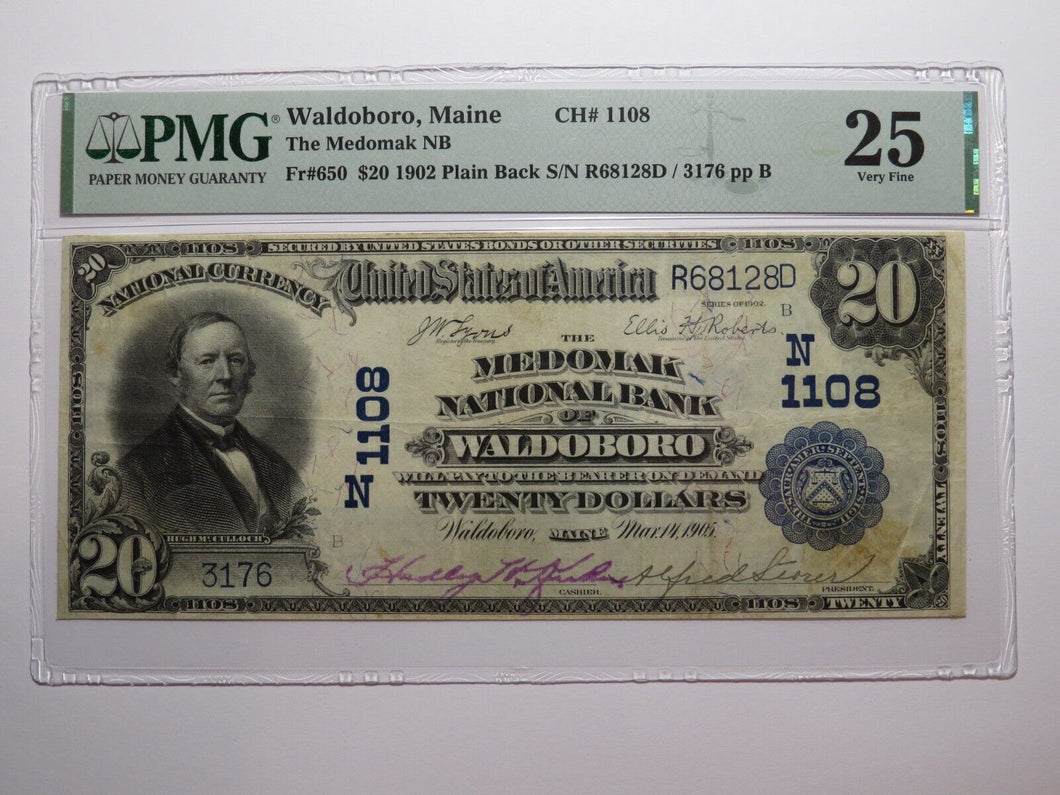 $20 1902 Waldoboro Maine ME National Currency Bank Note Bill #1108 VF25 PMG