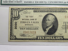 Load image into Gallery viewer, $10 1929 Fergus Falls Minnesota National Currency Bank Note Bill #2030 VF20 PMG