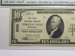 $10 1929 Fergus Falls Minnesota National Currency Bank Note Bill #2030 VF20 PMG