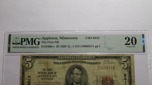 $5 1929 Appleton Minnesota MN National Currency Bank Note Bill Ch #8813 VF20 PMG