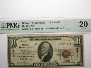 $10 1929 Walker Minnesota MN National Currency Bank Note Bill Ch #8476 VF20 PMG