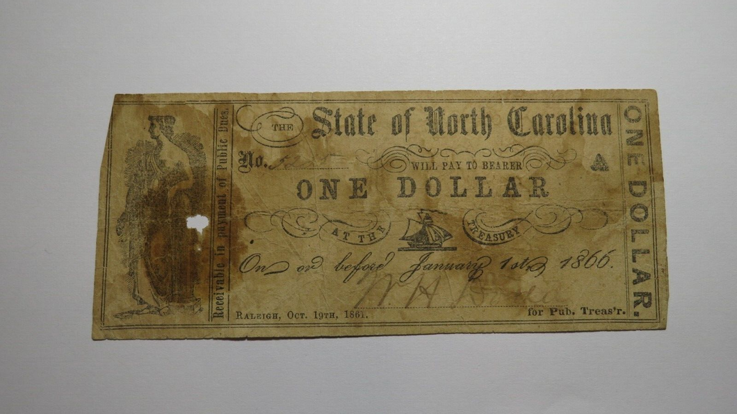 $1 1861 Raleigh North Carolina Obsolete Currency Bank Note Bill State of NC!