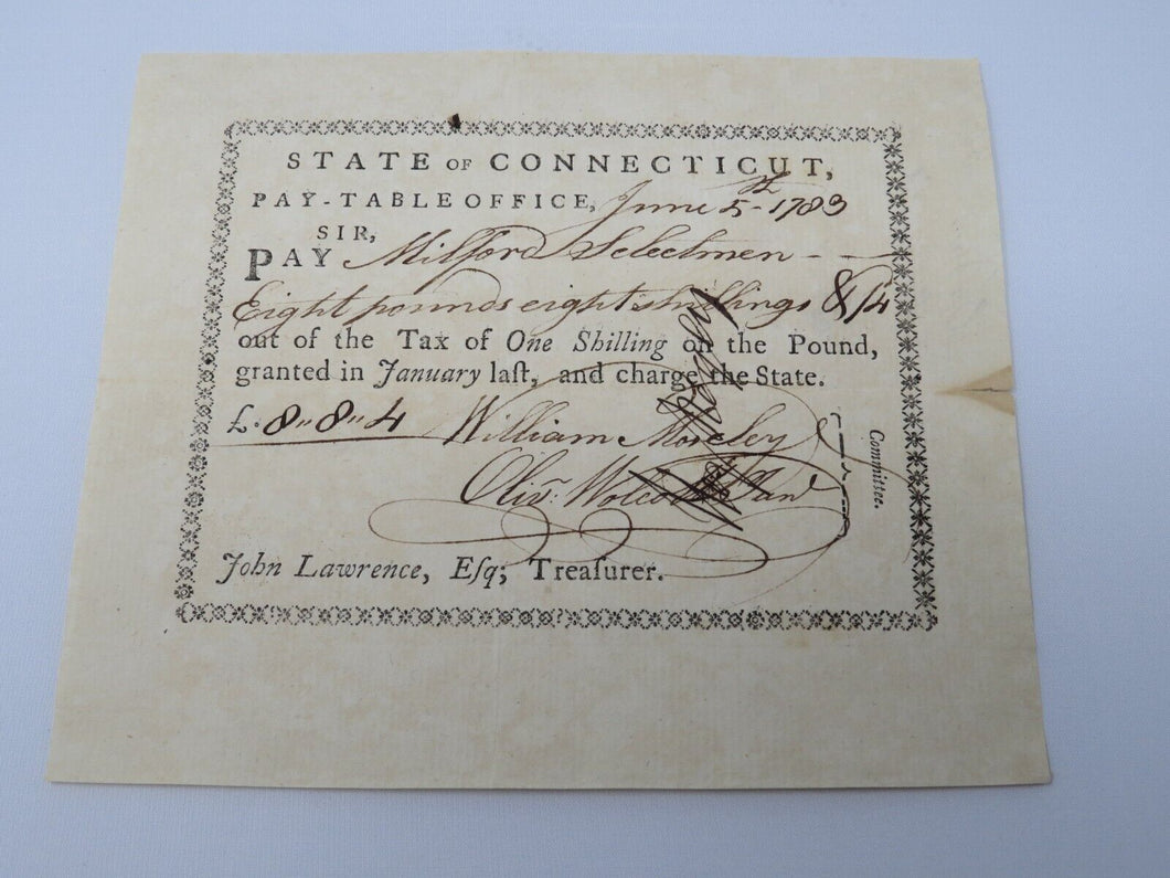 1783 Connecticut Pay Table Office Colonial Currency Note Bill Wadsworth Wolcott