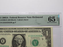 Load image into Gallery viewer, $1 2003 Near Solid Serial Number Federal Reserve Bank Note Bill UNC65 #55553555