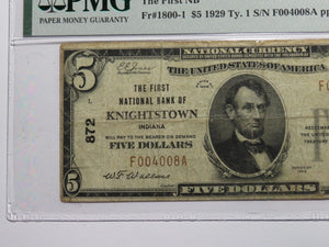 $5 1929 Knightstown Indiana IN National Currency Bank Note Bill Ch #872 VF20 PMG