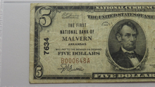 Load image into Gallery viewer, $5 1929 Malvern Arkansas AR National Currency Bank Note Bill Ch. #7634 PMG VF20