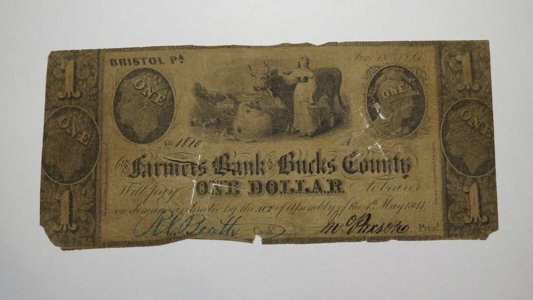 $1 1841 Bristol Pennsylvania PA Obsolete Currency Bank Note Bill! Bucks County