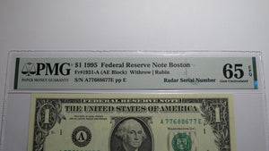 $1 1995 Radar Serial Number Federal Reserve Currency Bank Note Bill PMG UNC65EPQ