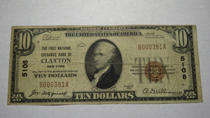 $10 1929 Clayton New York NY National Currency Bank Note Bill Ch. #5108 Fine