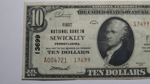 $10 1929 Sewickley Pennsylvania PA National Currency Bank Note Bill Ch #13699 VF