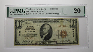 $10 1929 Yonkers New York NY National Currency Bank Note Bill Ch. #9825 VF20 PMG