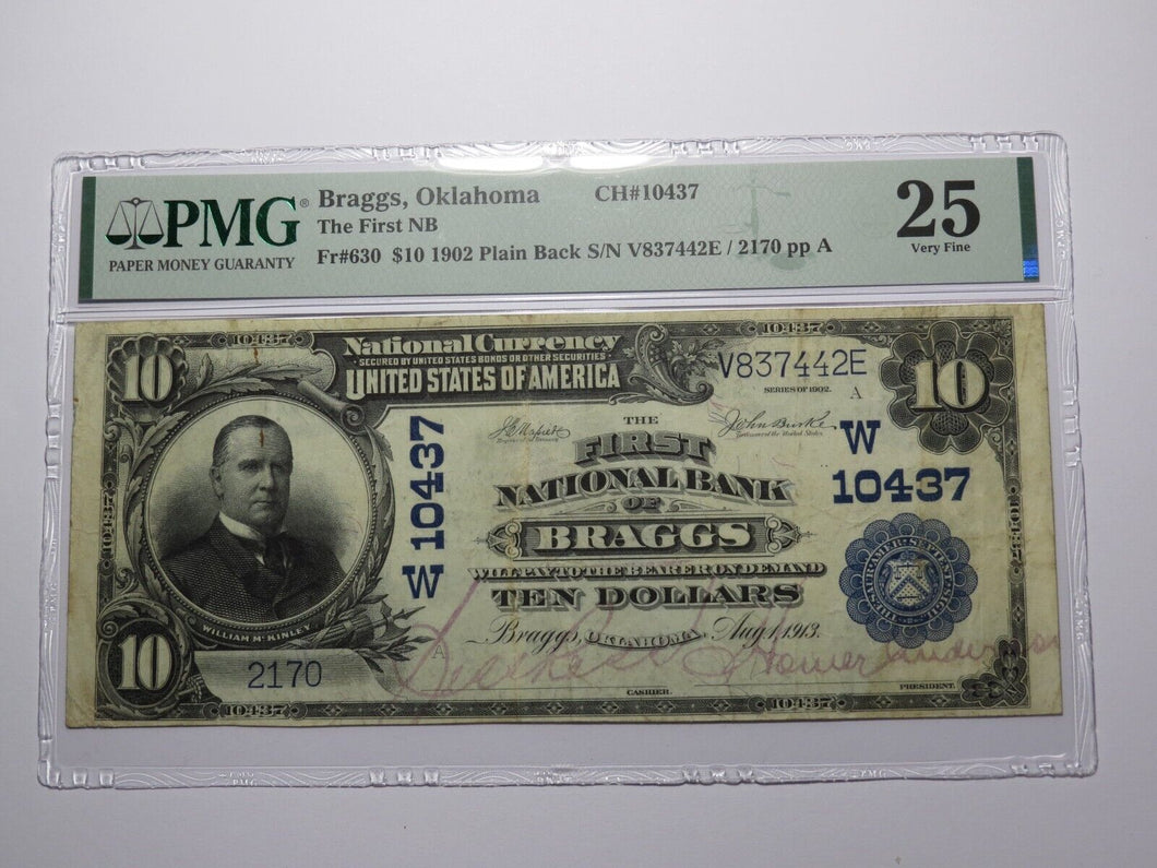 $10 1902 Braggs Oklahoma OK National Currency Bank Note Bill Ch. #10437 VF25 PMG