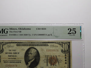 $10 1929 Minco Oklahoma OK National Currency Bank Note Bill Ch.#8644 VF25 PMG