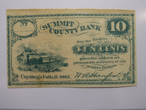 $.10 1862 Cuyahoga Falls Ohio OH Obsolete Currency Bank Note Bill Summit County