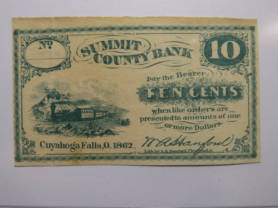 $.10 1862 Cuyahoga Falls Ohio OH Obsolete Currency Bank Note Bill Summit County