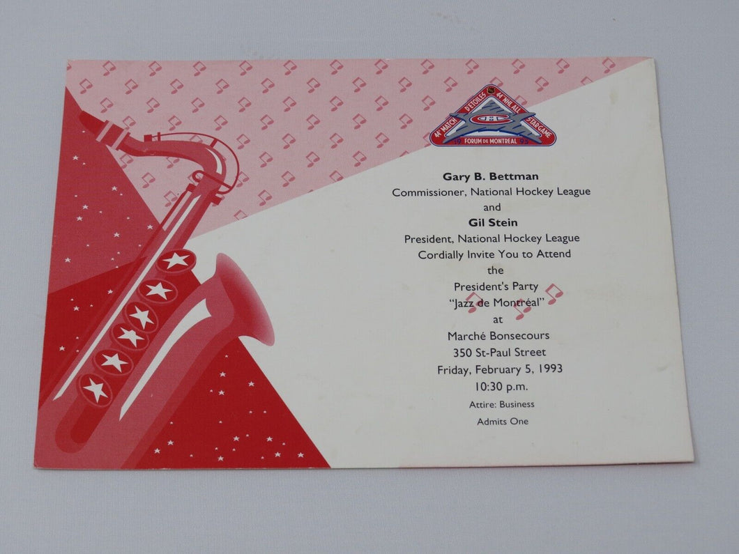 February 5, 1993 NHL All Star Weekend President's Party Invitation Montreal QC