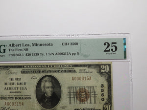 $20 1929 Albert Lea Minnesota National Currency Bank Note Bill Ch #3560 VF25 PMG