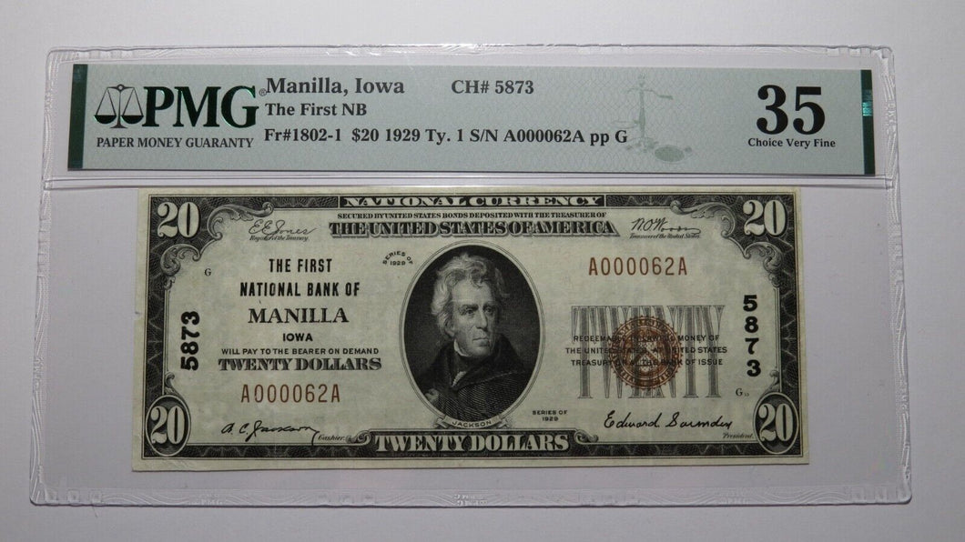 $20 1929 Manilla Iowa IA National Currency Bank Note Bill Ch. #5873 VF35 PMG