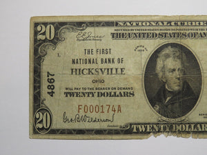 $20 1929 Hicksville Ohio OH National Currency Bank Note Bill Charter #4867 RARE