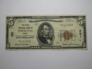 $5 1929 Portland Maine ME National Currency Bank Note Bill Ch. #221 Very Fine