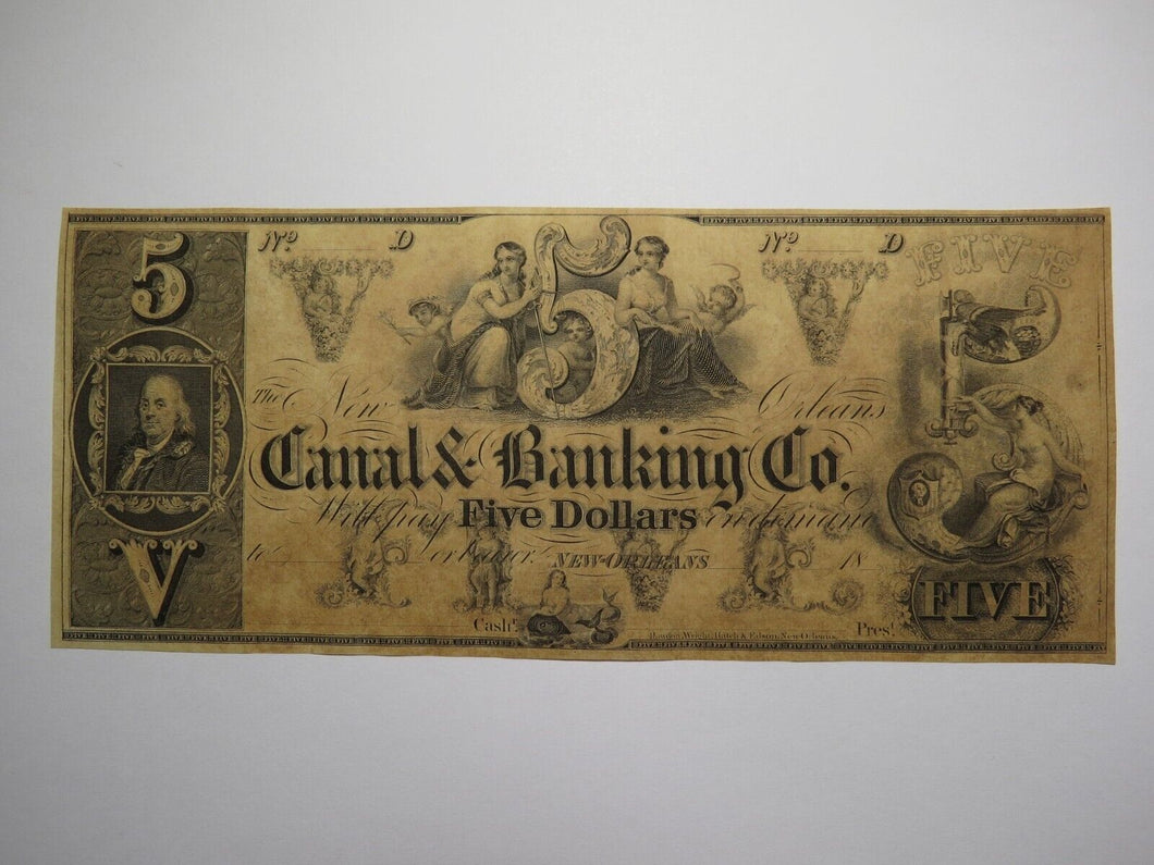 $5 18__ New Orleans Louisiana Obsolete Currency Bank Note Remainder Canal UNC+