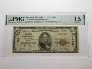 $5 1929 Augusta Georgia GA National Currency Bank Note Bill Ch. #1860 F15 PMG