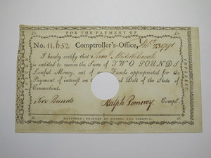 1791 Two Pounds Connecticut Comptroller Colonial Currency Note Ralph Pomeroy £2