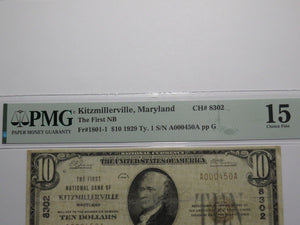 $10 1929 Kitzmillerville Maryland National Currency Bank Note Bill Ch. #8302 F15