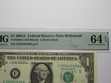 Load image into Gallery viewer, $1 2003 Near Solid Serial Number Federal Reserve Bank Note Bill UNC64 #55552555