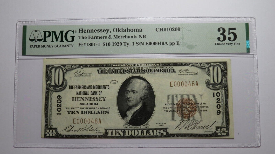 $10 1929 Hennessey Oklahoma OK National Currency Bank Note Bill #10209 VF35 PMG