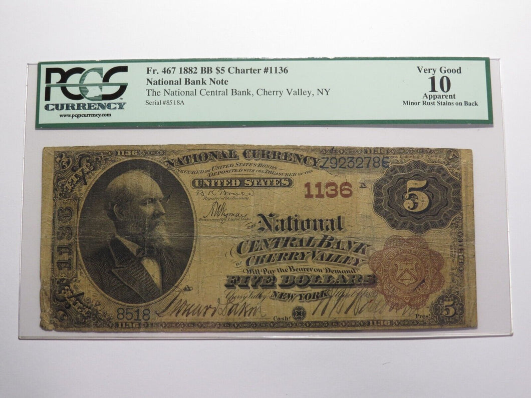 $5 1882 Cherry Valley New York National Currency Bank Note Bill #1136 VG10 PCGS