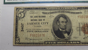 $5 1929 Farmer City Illinois IL National Currency Bank Note Bill!  #3407 Fine!