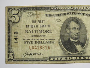 $5 1929 Baltimore Maryland MD National Currency Bank Note Bill Charter #1413