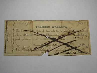 $5 1862 Austin Texas Obsolete Currency Treasury Warrant Bank Note Bill RARE