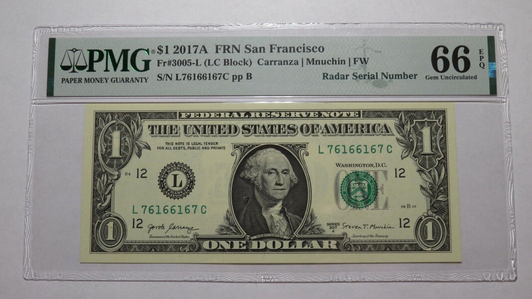 $1 2017 Radar Serial Number Federal Reserve Currency Bank Note Bill PMG UNC66EPQ