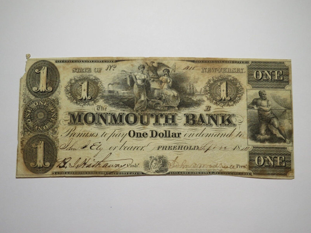 $1 1841 Freehold New Jersey NJ Obsolete Currency Bank Note Bill Monmouth Bank