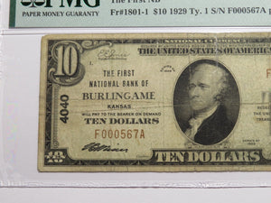 $10 1929 Burlingame Kansas KS National Currency Bank Note Bill Ch. #4040 F15 PMG