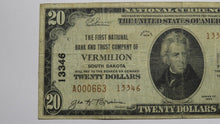 Load image into Gallery viewer, $20 1929 Vermilion South Dakota SD National Currency Bank Note Bill Ch. #13346