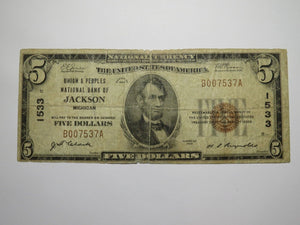 $5 1929 Jackson Michigan MI National Currency Bank Note Bill Charter #1533