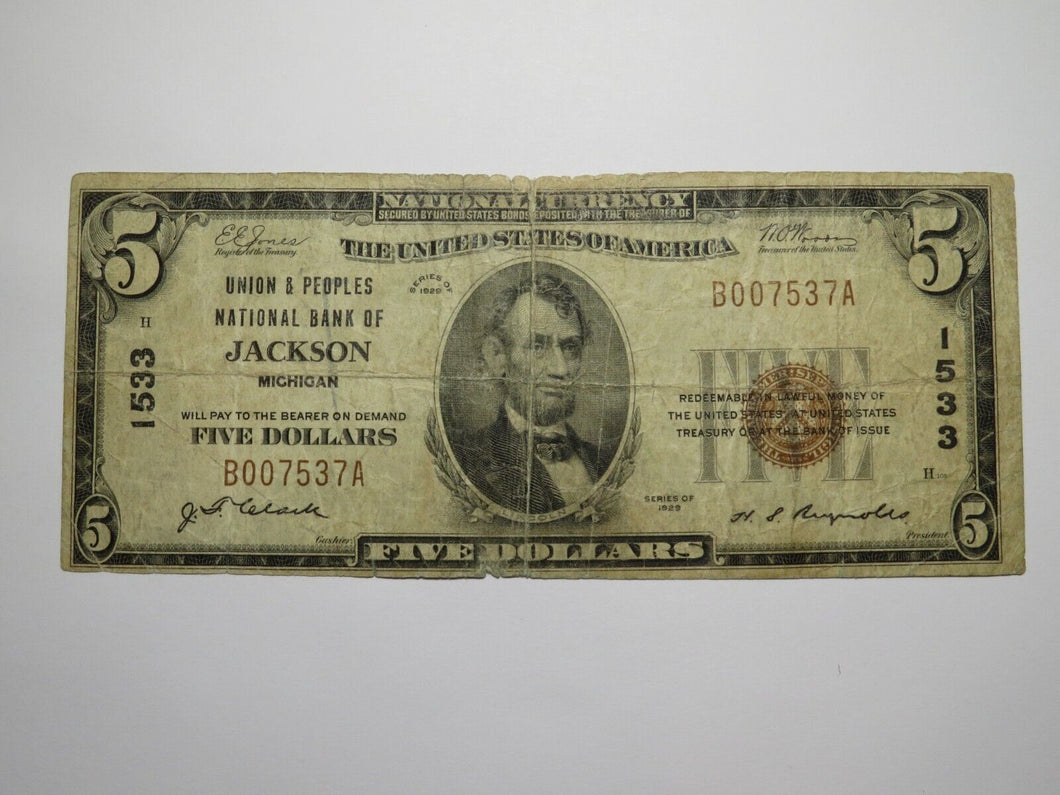 $5 1929 Jackson Michigan MI National Currency Bank Note Bill Charter #1533