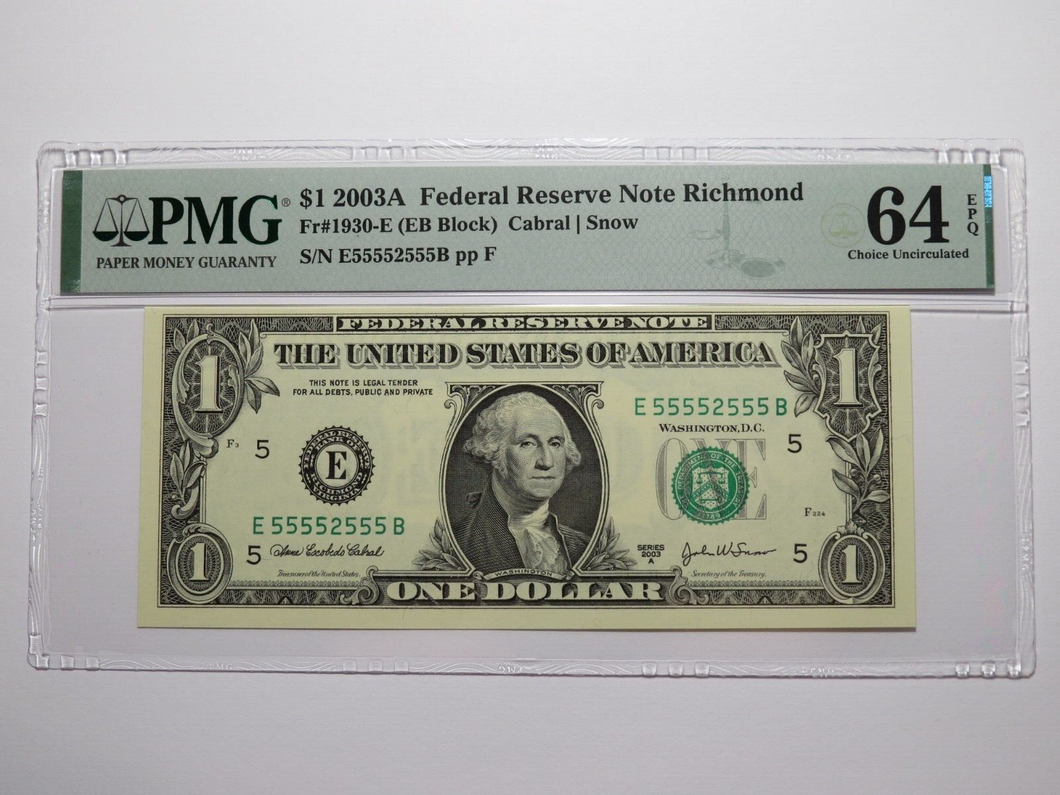 $1 2003 Near Solid Serial Number Federal Reserve Bank Note Bill UNC64 #55552555