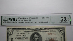 $5 1929 Watertown Wisconsin WI National Currency Bank Note Bill Ch 9003 AU53 PMG