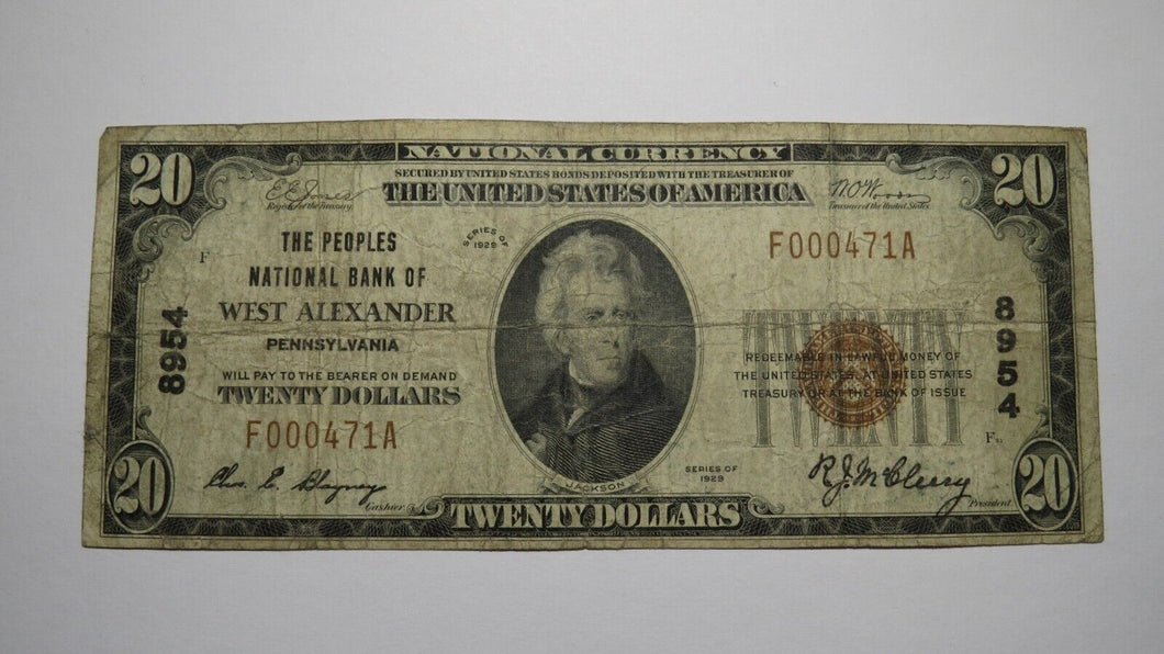 $20 1929 West Alexander Pennsylvania PA National Currency Bank Note Bill #8954