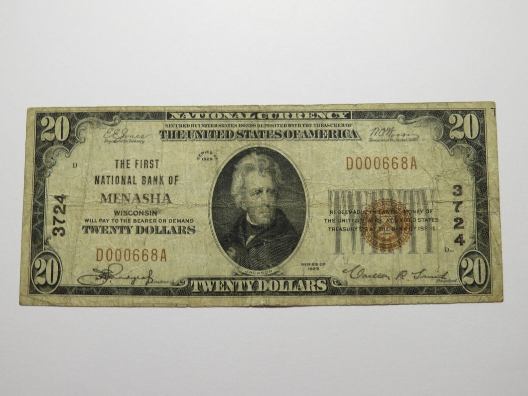 $20 1929 Menasha Wisconsin WI National Currency Bank Note Bill Charter #3724