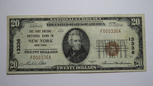 $20 1929 New York City NY National Currency Bank Note Bill Ch #13336 Fort Greene