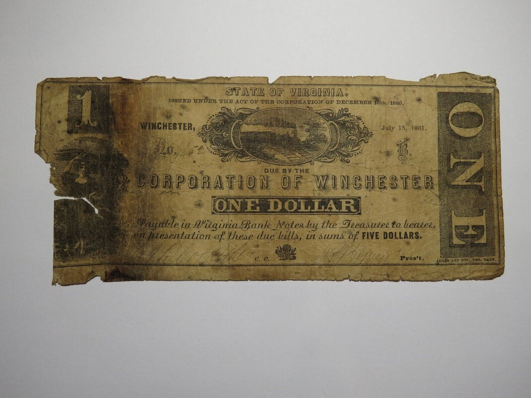 $1 1861 Winchester Virginia VA Obsolete Currency Bank Note Bill Corp. of Win.